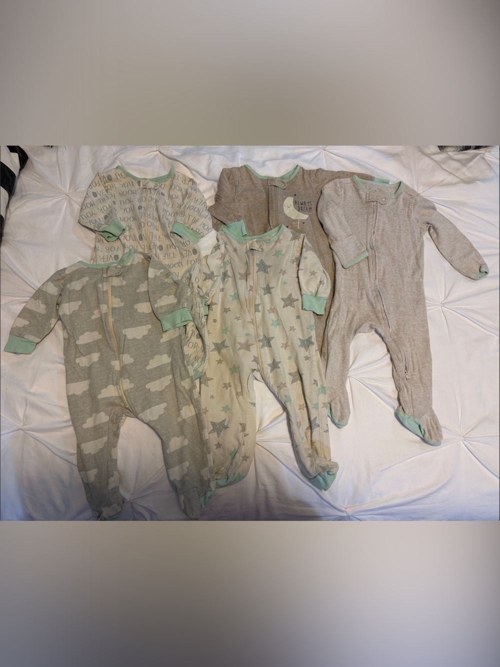 Gerber Neutral Cloud & Star Footed Sleepers with Mint Trim